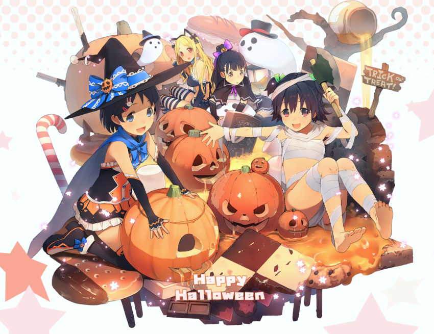 4girls, :d, akagi_miria, animal_ears, axe, bandaged_head, bare_shoulders, black_eyes