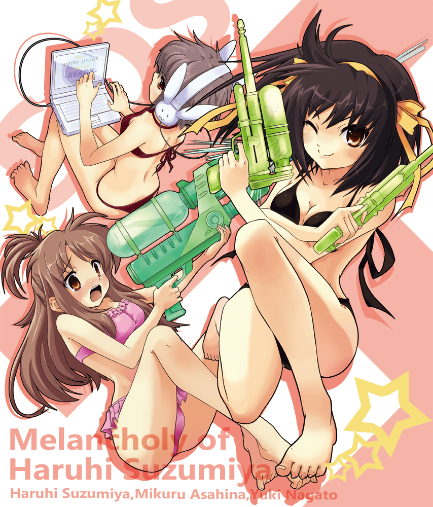 barefoot, bikini, brown_eyes, brown_hair, computer, feet, laptop, long_hair