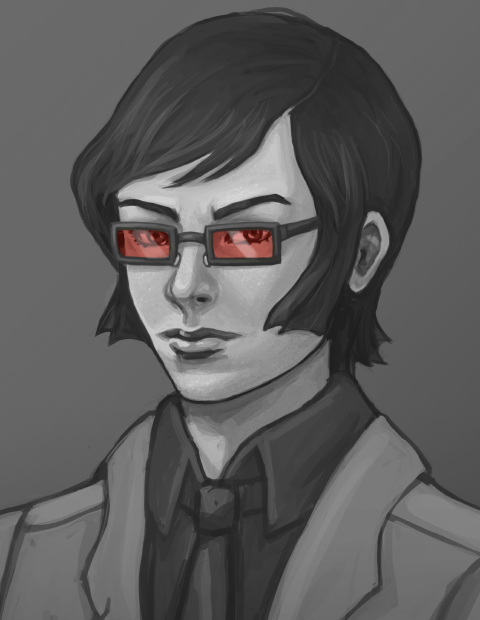 1boy, formal, glasses, greyscale, katsuya_suou, male_focus, monochrome, necktie, persona, persona_2, portrait, solo, spot_color, suit, tuula_rantala
