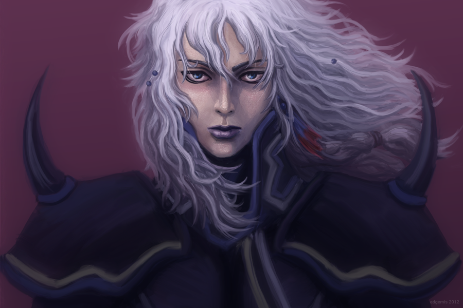 1boy, blue_eyes, cecil_harvey, final_fantasy, final_fantasy_iv, hair_beads, lipstick, long_hair, makeup, male_focus, purple_lipstick, silver_hair, solo, spikes, tuula_rantala, upper_body