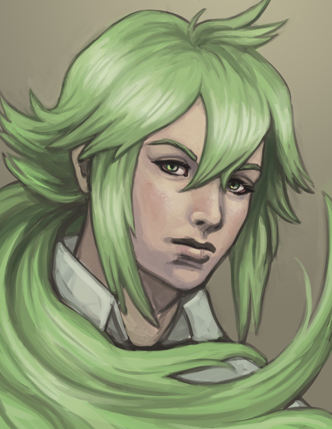 1boy, collared_shirt, green_eyes, green_hair, long_hair, male_focus, n_(pokemon), pokemon