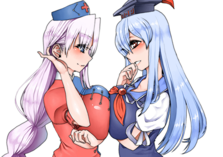 2girls, breast_press, breasts, brown_eyes, hat, kamishirasawa_keine, large_breasts, long_hair