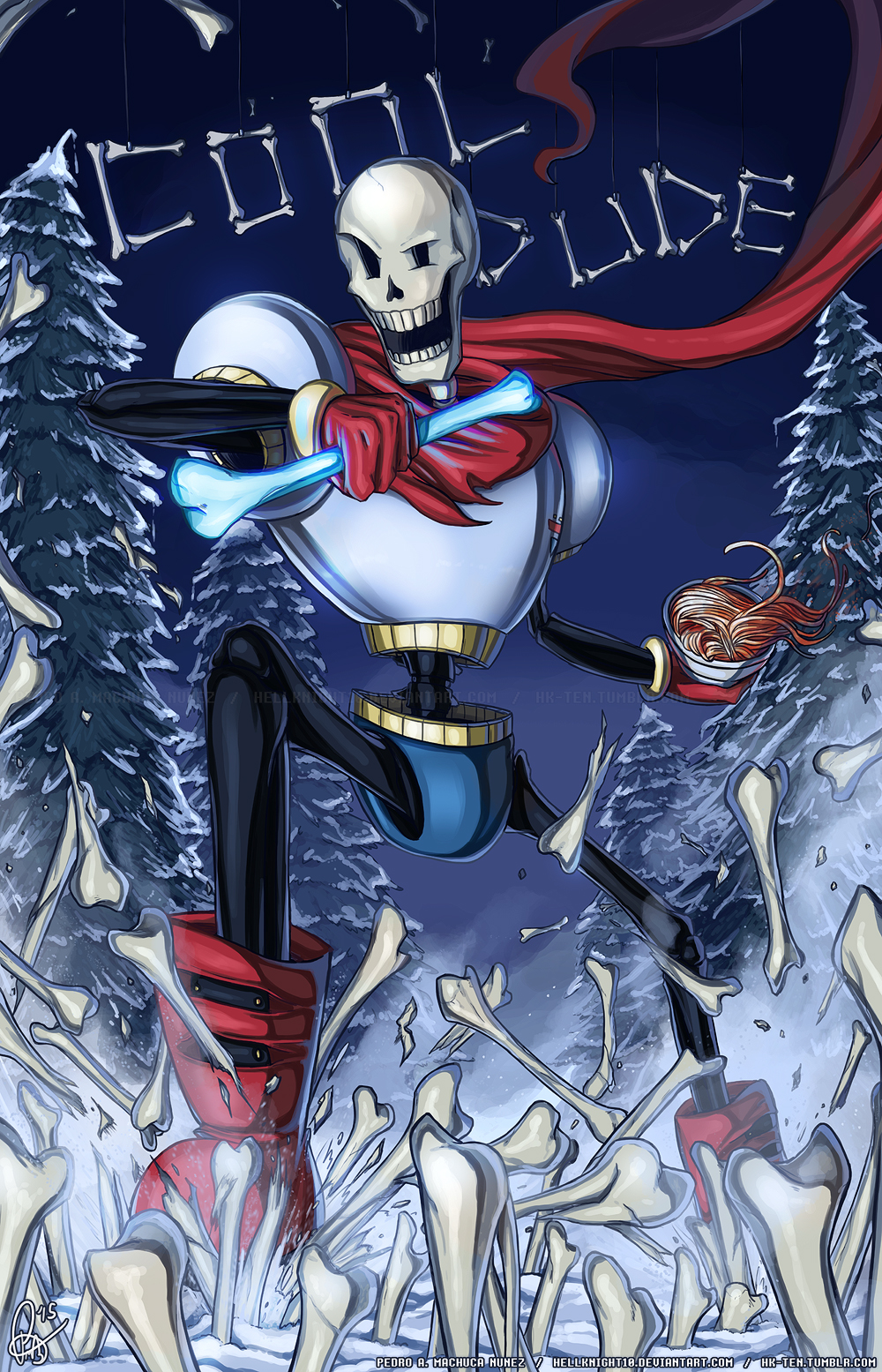 1boy, 2015, armor, artist_name, blue_shorts, bone, boots, bowl, food, gloves, hellknight10, highres, holding, holding_bone, holding_bowl, making-of_available, male, male_focus, male_only, open_mouth, outdoors, papyrus_(undertale), pasta, photoshop_(medium), pine_tree, raised_eyebrow, red_boots, red_gloves, red_scarf, scarf, shorts, signature, skeleton, snow, solo, spaghetti, teeth, tree, undead, undertale, utdr_(toby_fox), watermark, web_address, white_armor