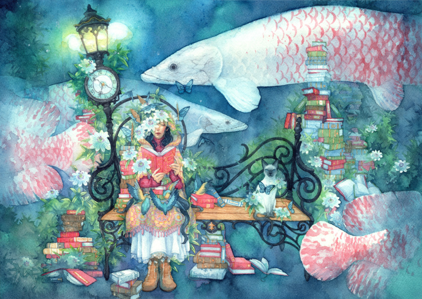 1girl, animal, arapaima, bench, bird, bird_on_lap, black_hair, book