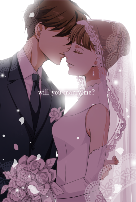 1boy, 1girl, ?, arm_around_back, bangs, black_necktie, blunt_bangs, bouquet