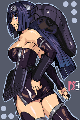 blue_eyes, blue_hair, breasts, detached_sleeves, headband, large_breasts, looking_back, lowres