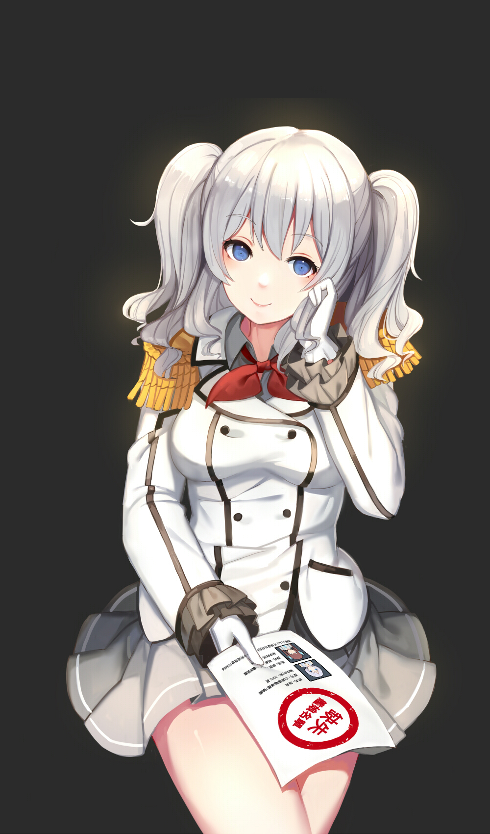 1girl, asagumo_(kantai_collection), blue_eyes, cowboy_shot, gloves, hand_in_hair, highres, kantai_collection