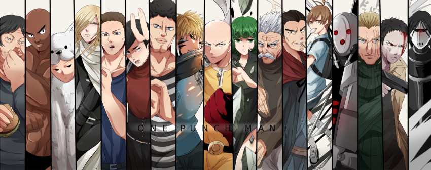 1girl, 6+boys, atomic_samurai, backpack, bag, bald, bang_(onepunch_man), bankenman