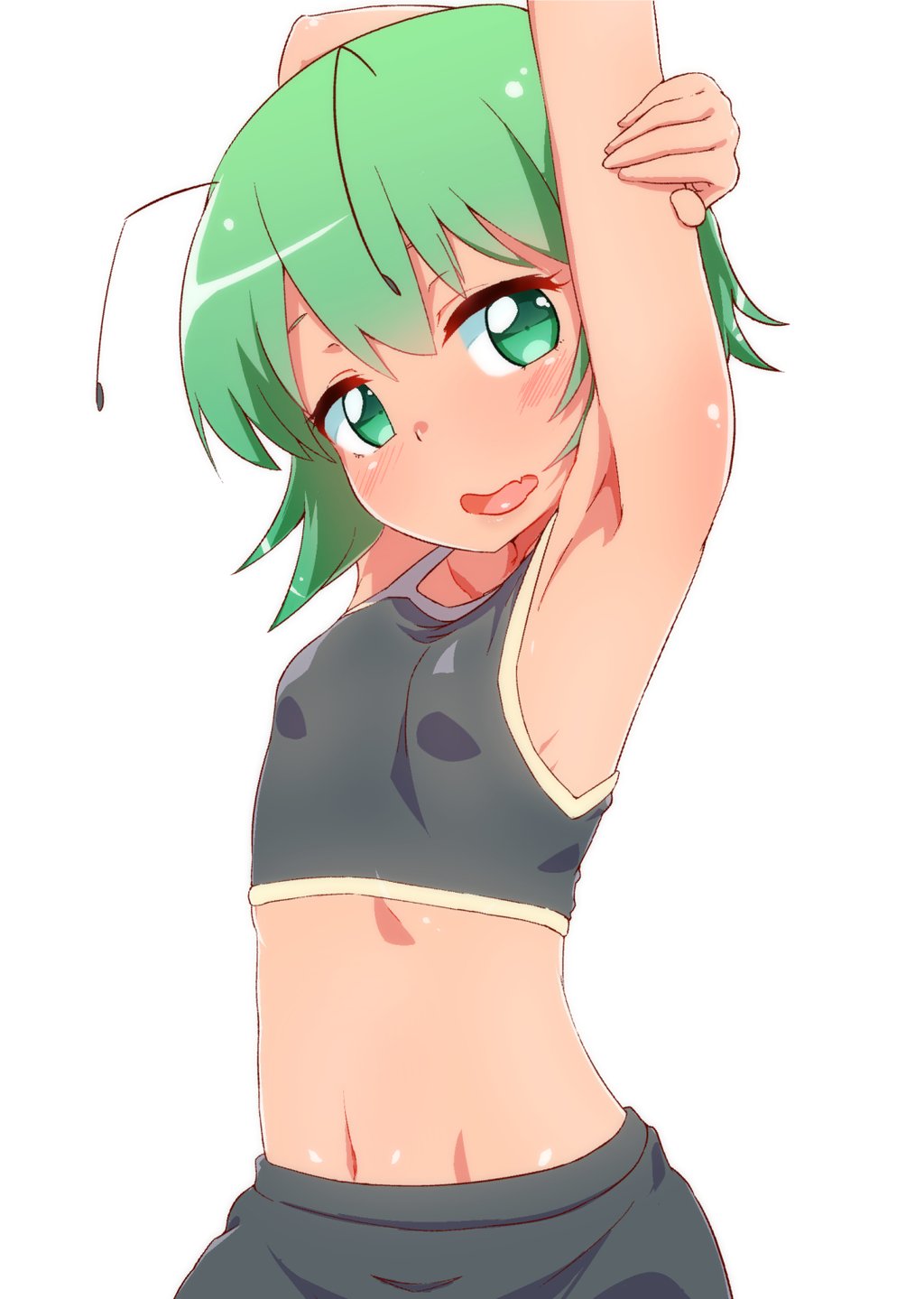 1girl, antennae, arm_up, armpits, blush, green_eyes, green_hair, highres, midriff, navel, open_mouth, short_hair, simple_background, small_breasts, solo, sports_bra, stretch, tenyunkel, touhou, upper_body, white_background, wriggle_nightbug