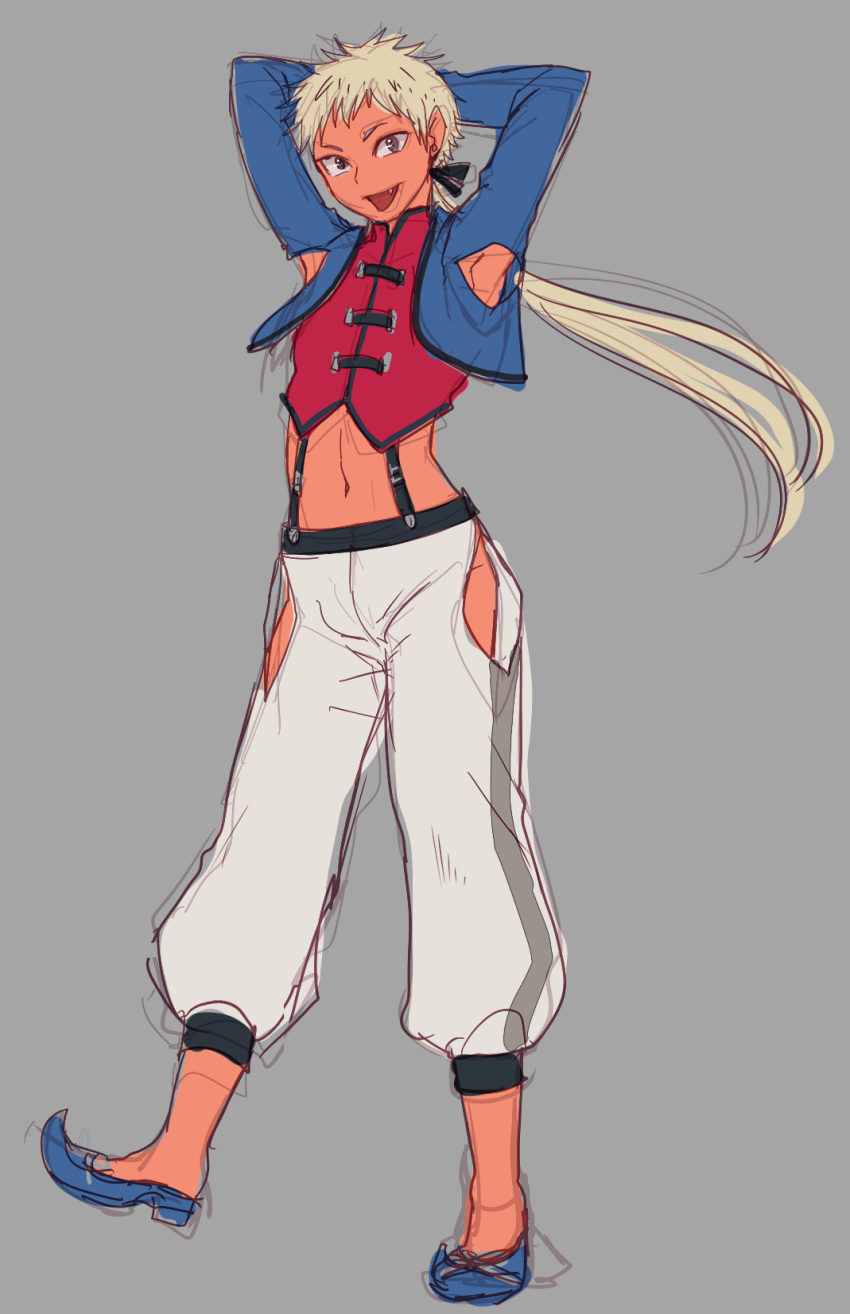 1boy, :d, armpits, arms_behind_head, blonde_hair, character_request, crop_top, fang