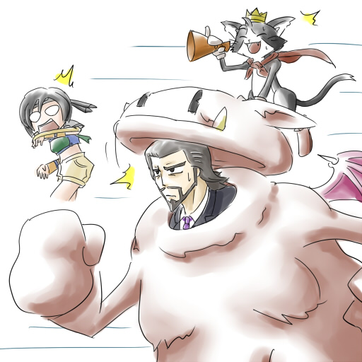 beard, black_hair, cait_sith, cape, cat, chairchair, costume, crown