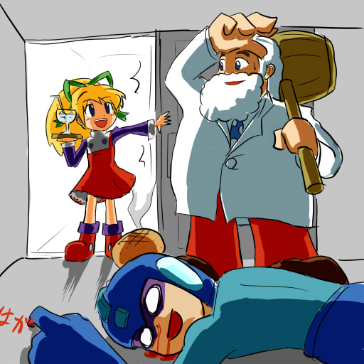 1girl, 2boys, blonde_hair, blood, chairchair, cocktail, dress, facial_hair, hair_ribbon, hammer, mallet, mega_man_(character), mega_man_(classic), mega_man_(series), murder, o_o, parody, ponytail, ribbon, rockman, rockman_(character), rockman_(classic), roll, roll_(mega_man), sketch, thomas_light, white_hair