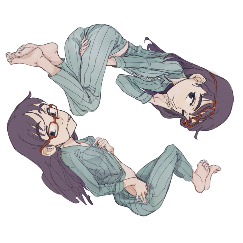 1girl, barefoot, between_legs, eyebrows, flat_chest, flcl, glasses, hair_in_mouth