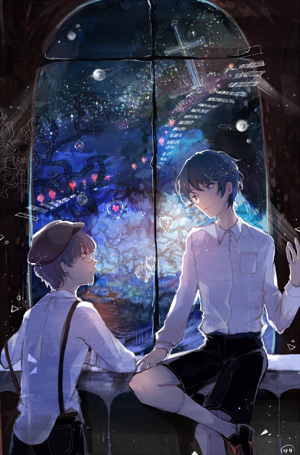 2boys, bag, blue_eyes, blue_hair, brown_hair, campanella_(ginga_tetsudou_no_yoru), cross, ginga_tetsudou_no_yoru, giovanni_(ginga_tetsudou_no_yoru), hat, highres, lvycqt, multiple_boys, necktie, night, night_sky, short_hair, shorts, sky, star_(sky), starry_sky, suspenders, train