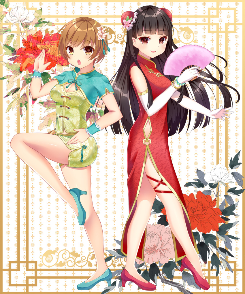 2girls, amagi_yukiko, black_hair, bracelet, breasts, brown_eyes, bun_cover, china_dress