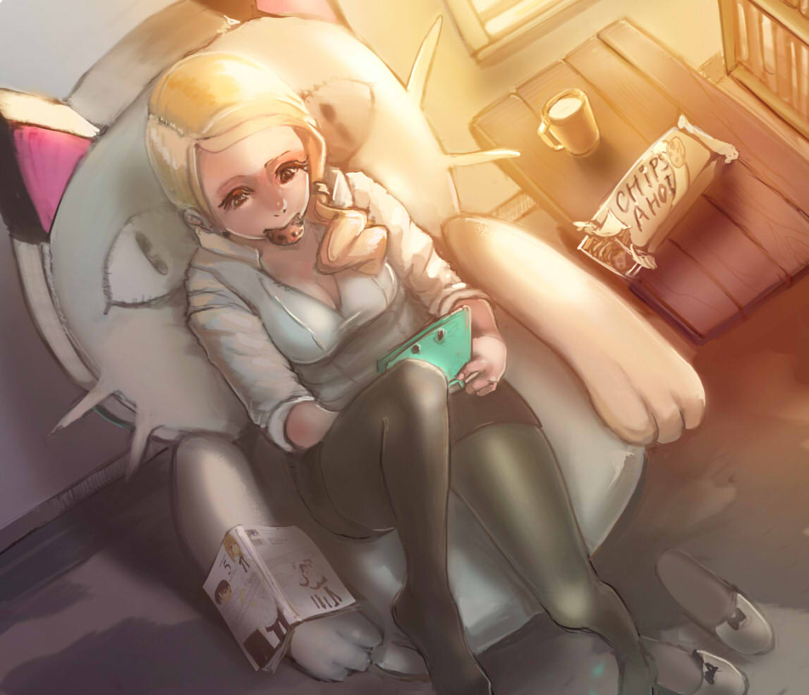 1girl, black_legwear, blonde_hair, chair, cookie, cup, diglett_(artist), eating