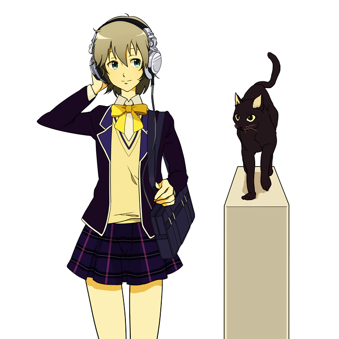 1girl, bag, bookbag, cat, grey_hair, headphones, kyouno_rhythmy, plaid
