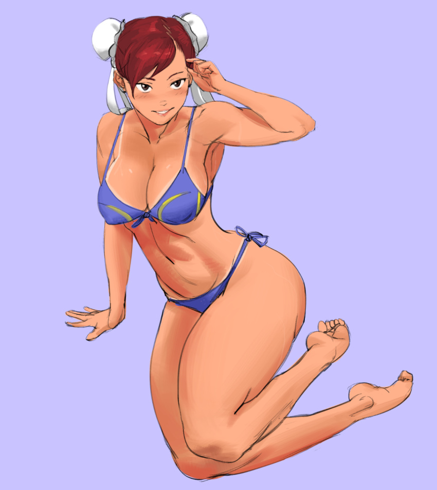 1girl, adapted_costume, barefoot, bikini, bikini_tan, blue_bikini, blush, breasts