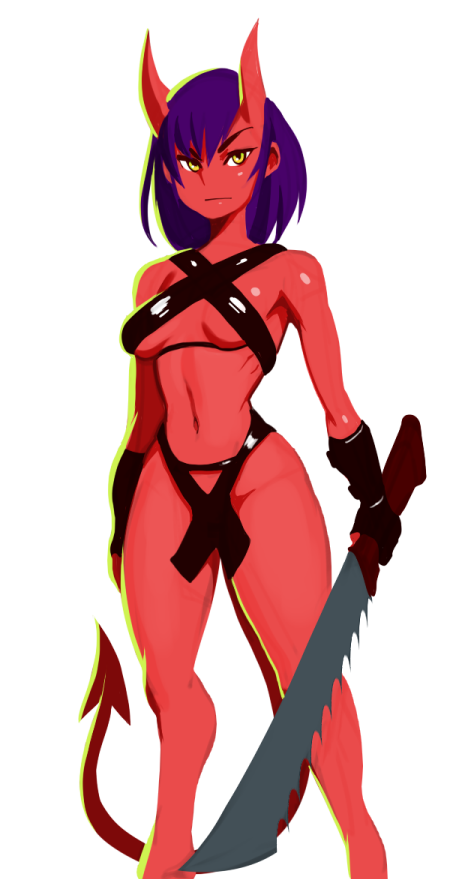 1girl, armor, bikini_armor, black_gloves, breasts, cowboy_shot, criss-cross_halter, demon_girl, demon_horns, demon_tail, eyebrows, gloves, halter_top, halterneck, horns, long_hair, navel, nitrotitan, original, partly_fingerless_gloves, purple_hair, red_skin, saw_blade, serious, slender_waist, solo, sword, tail, weapon, yellow_eyes