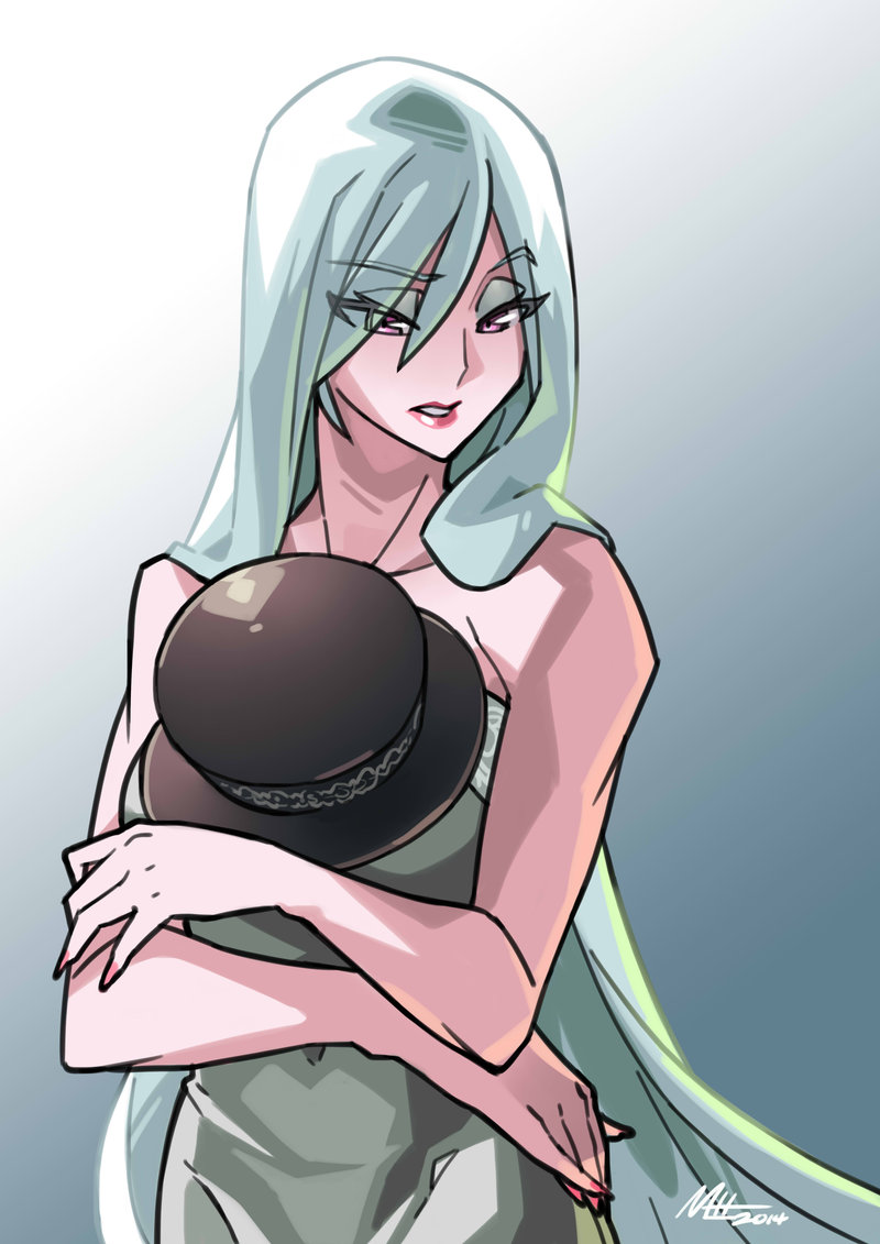 1girl, alternate_hair_length, alternate_hairstyle, bare_shoulders, bayonetta, bayonetta_2, eyebrows, eyebrows_visible_through_hair, half-closed_eyes, hat, hat_removed, headwear_removed, jeanne_(bayonetta), lipstick, long_hair, makeup, naked_sheet, nil-moa, see-through, self_hug, silver_hair, solo, violet_eyes