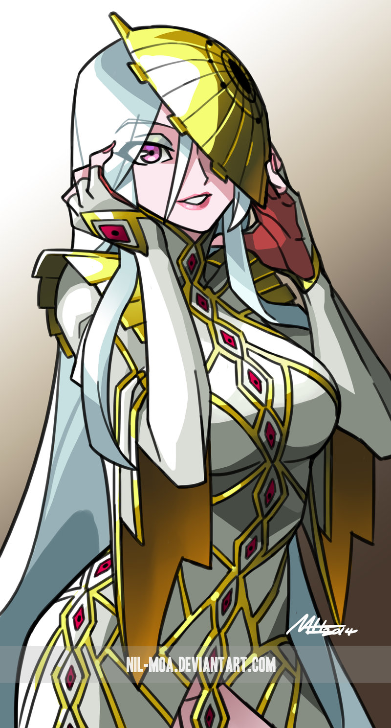 1girl, alternate_hair_length, alternate_hairstyle, bayonetta, bayonetta_2, bodysuit, breasts, fingerless_gloves, gloves, highres, jeanne_(bayonetta), lipstick, long_hair, makeup, mask_on_head, nil-moa, one_eye_covered, signature, silver_hair, solo, very_long_hair, violet_eyes, watermark, web_address