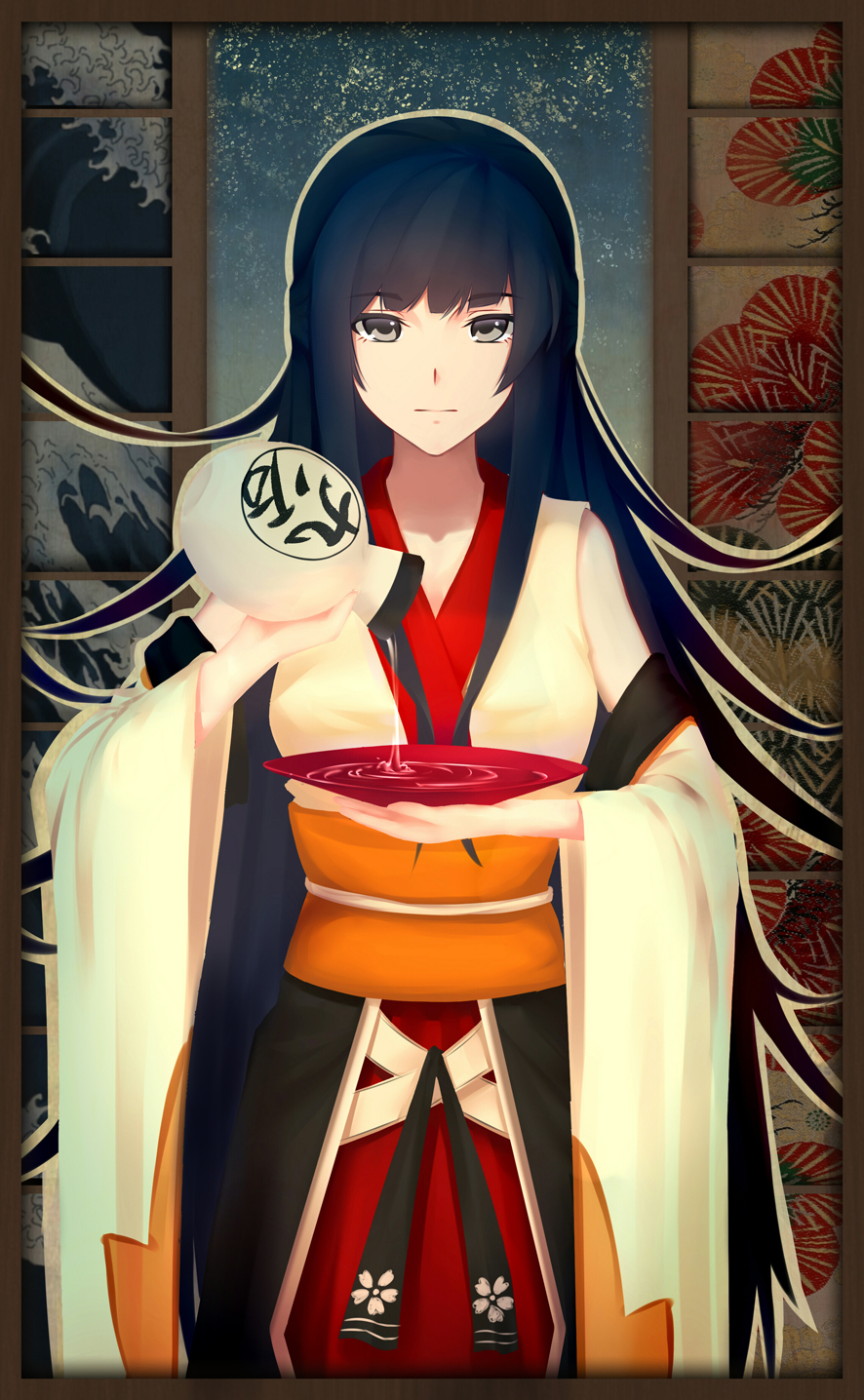 1girl, akagi_(zhan_jian_shao_nyu), alcohol, bottle, breasts, brown_hair, detached_sleeves, dish