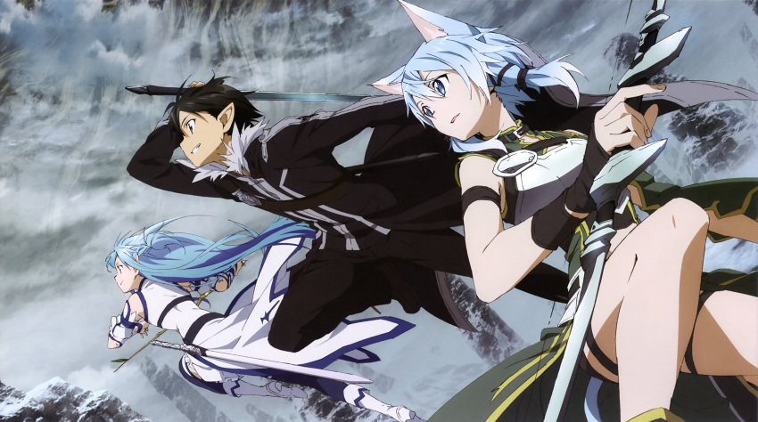 1boy, 2girls, absurdres, animal_ears, asuna_(sao), asuna_(sao-alo), black_eyes, black_hair
