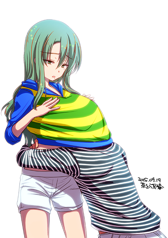1boy, 1girl, commentary_request, dated, genderswap, green_eyes, green_hair, head_under_clothes