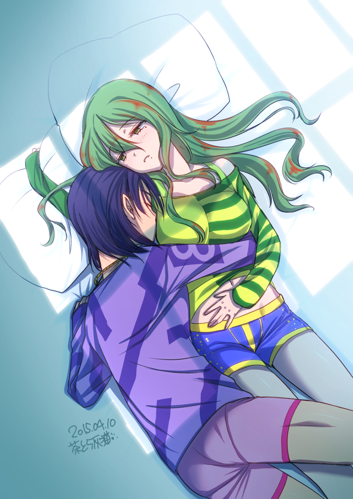 1boy, 1girl, commentary_request, dated, genderswap, green_eyes, hug, makishima_yuusuke