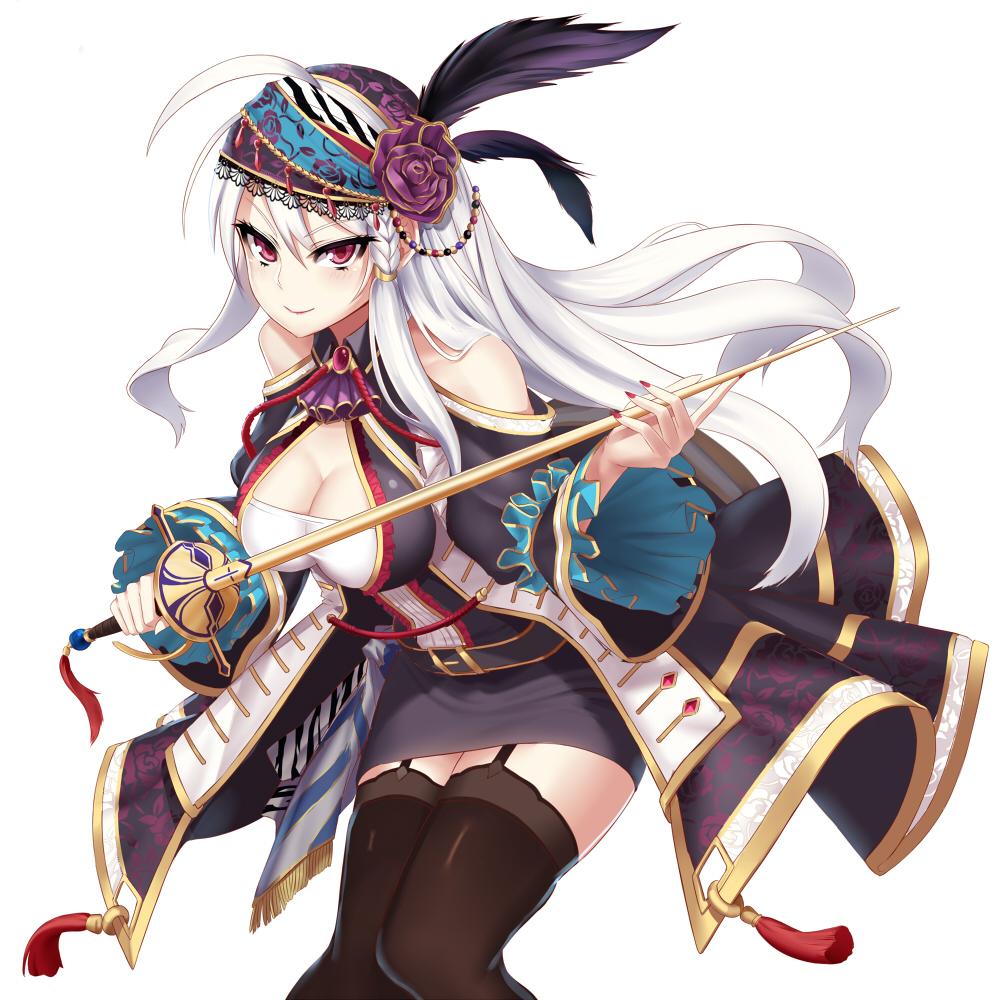 1girl, ahoge, bare_shoulders, beads, belt, black_legwear, breasts, cleavage