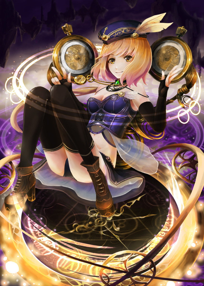1girl, absurdres, bare_shoulders, black_gloves, black_skirt, boots, brown_boots, clock, elbow_gloves, fantasy, fingerless_gloves, gloves, hat, hat_feather, highres, jewelry, midriff, million_arthur_(series), navel, necklace, original, radram, see-through, short_hair, skirt, solo, stopwatch, thigh-highs, upskirt, watch, yellow_eyes