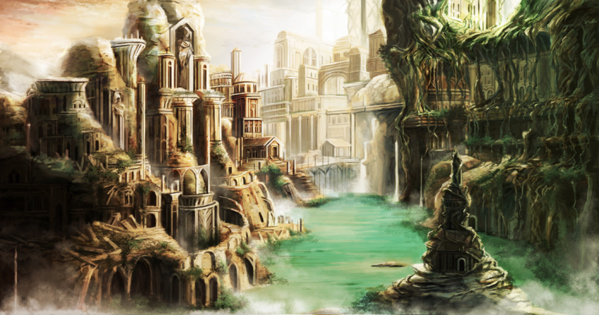 arch, city, cityscape, dam, fantasy, lake, no_humans, original