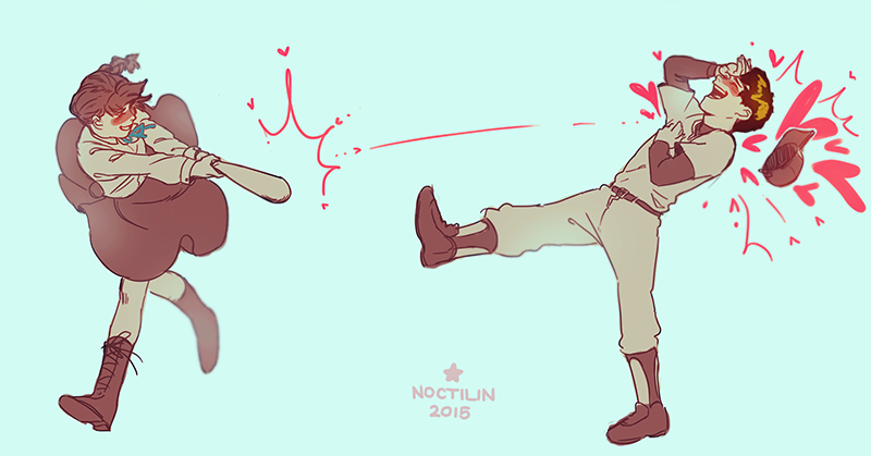 1boy, 1girl, 2015, aqua_background, artist_name, baseball_bat, baseball_cap, baseball_uniform, blue_ribbon, blush, boots, braid, commentary, couple, falling, hat, hat_removed, headwear_removed, heart, hetero, jyushimatsu, jyushimatsu's_girlfriend, long_skirt, looking_at_another, noctilin, osomatsu-kun, osomatsu-san, ribbon, simple_background, skirt, smile, sportswear, star