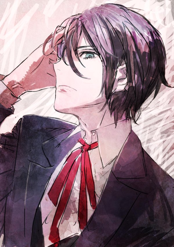 1boy, black_hair, blue_eyes, gen'ei_ibunroku_sharp_fe, official_art, solo, toi8, tsurugi_yashiro, white_background