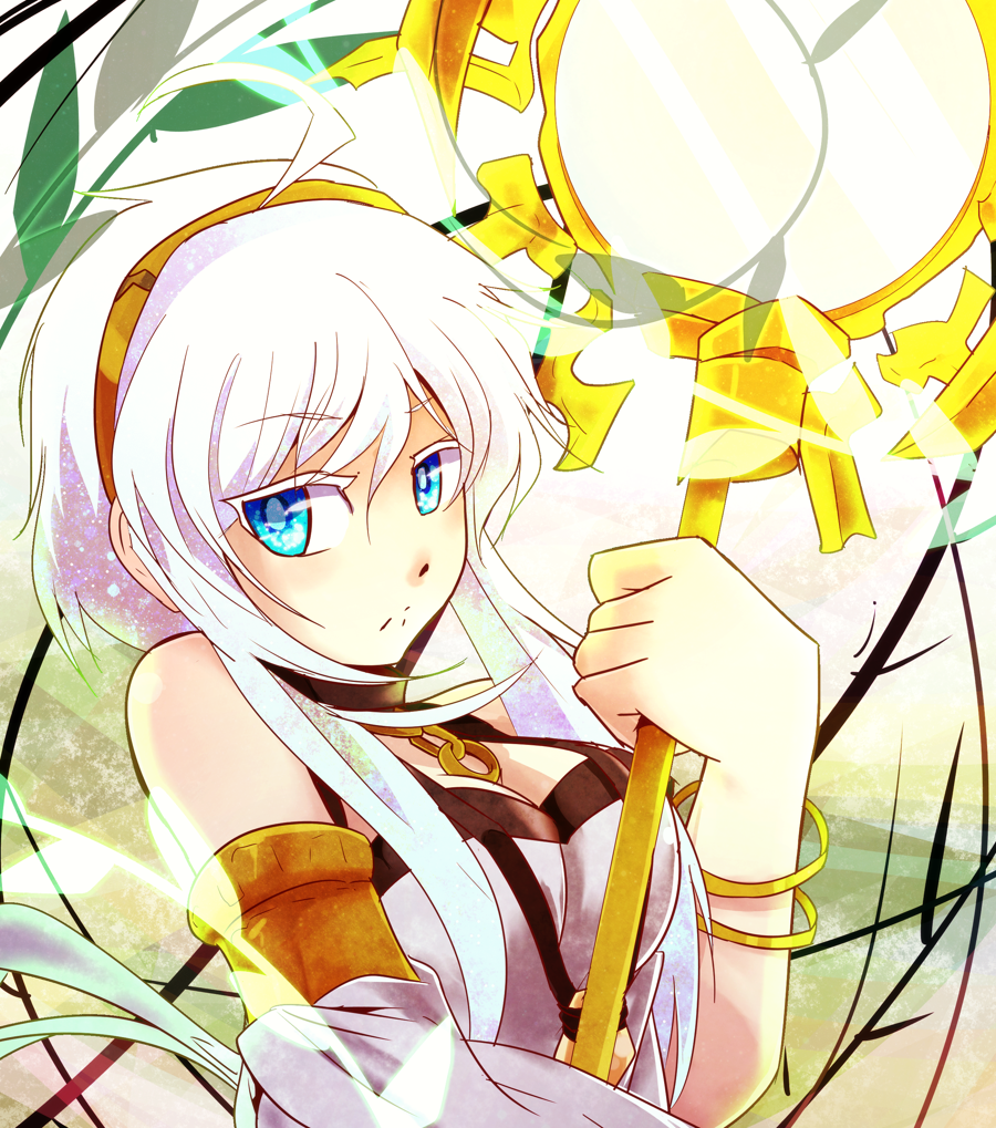 1girl, ahoge, blue_eyes, breasts, cleavage, duel_monster, long_hair, looking_at_viewer