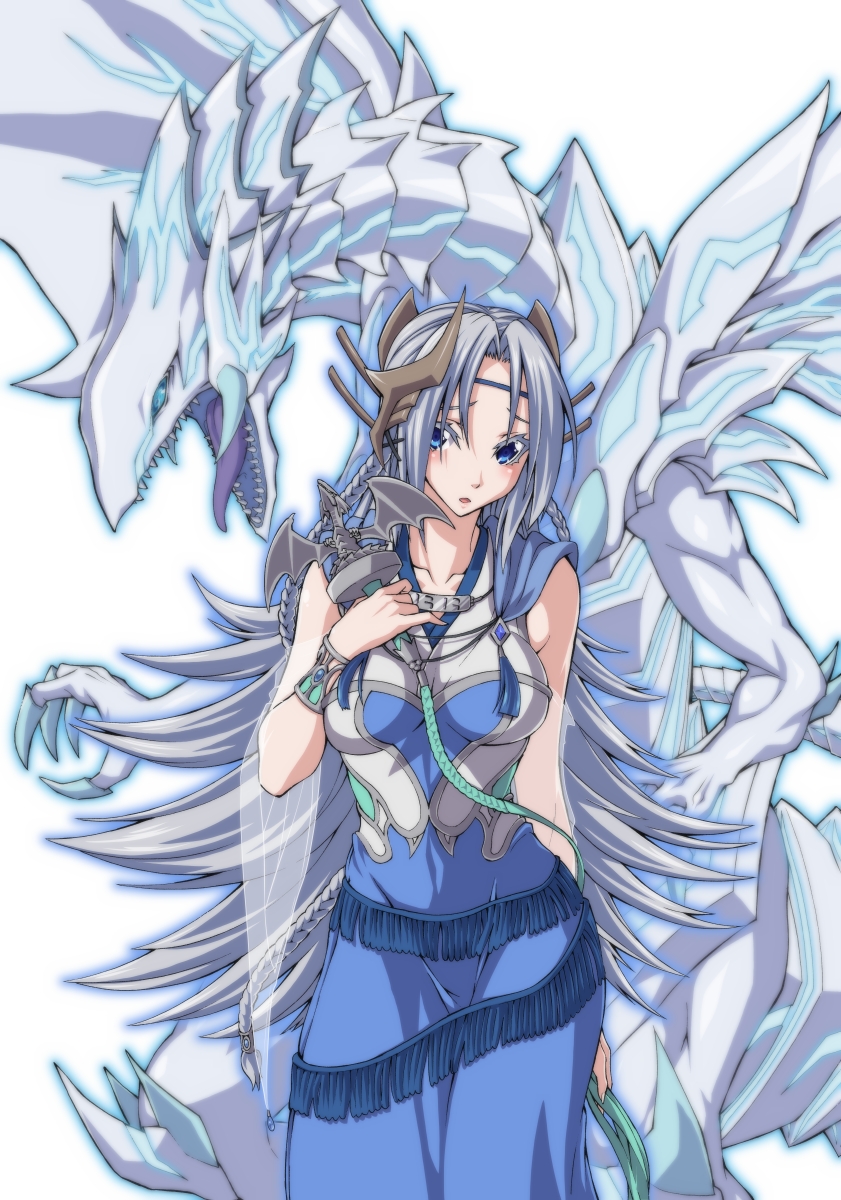 1girl, blue-eyes_alternative_white_dragon, blue_eyes, blush, breasts, collarbone, commentary_request, dragon