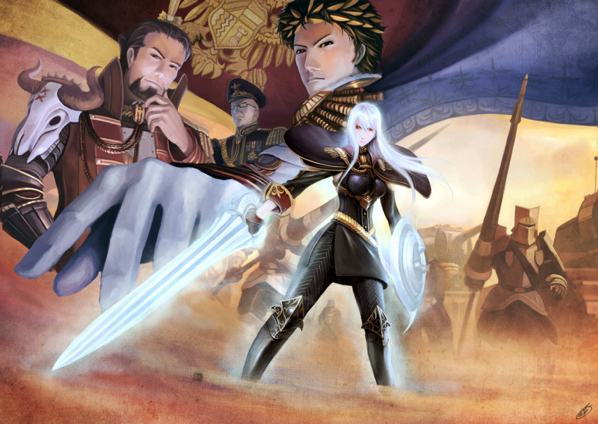 berthold_gregor, character_request, facial_hair, lance, long_hair, maximilian, military, military_vehicle, okita, pantyhose, polearm, print_pantyhose, radi_jaeger, red_eyes, selvaria_bles, senjou_no_valkyria, senjou_no_valkyria_1, shield, silver_hair, tank, vehicle, weapon