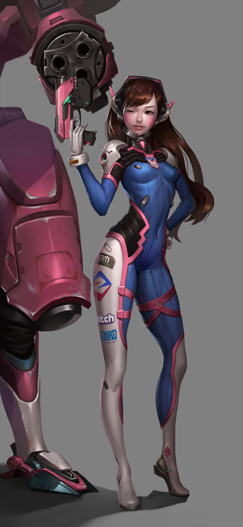 1girl, absurdres, arm_cannon, armor, bangs, blush, bodysuit, boots, breasts, brown_eyes, brown_hair, contrapposto, covered_navel, d.va_(overwatch), damaged, facial_mark, full_body, gatling_gun, gloves, grey_background, gun, hand_on_hip, handgun, headphones, high_collar, highres, holding_gun, holding_weapon, light_smile, lipgloss, lips, logo, long_hair, looking_at_viewer, mecha, midfinger22, one_eye_closed, overwatch, pilot, pilot_suit, realistic, science_fiction, scratched_paint, skin_tight, solo, standing, swept_bangs, weapon, white_boots, white_gloves