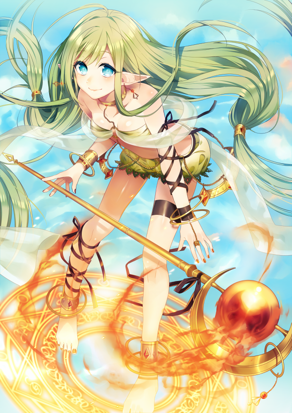 1girl, ahoge, ankle_lace-up, anklet, bandeau, bangle, bare_shoulders, barefoot, bloomers, blue_background, blue_eyes, bracelet, bracer, chain, choker, cross-laced_footwear, earrings, elf, fire, floating_hair, green_hair, hazuki_mizuho, jewelry, leaning_forward, long_hair, looking_at_viewer, magic_circle, midriff, nail_polish, orange_nails, original, pointy_ears, ring, shawl, small_breasts, smile, solo, staff, standing, thigh_strap, toenail_polish, underwear, very_long_hair