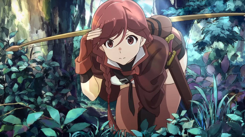 1girl, all_fours, bow, braid, buckle, bush, collar, fingerless_gloves, gloves, hai_to_genso_no_gurimugaru, highres, leaf, long_hair, nature, outdoors, plant, quiver, red_eyes, red_legwear, redhead, searching, sheath, single_braid, solo, sword, tagme, thigh-highs, tree, weapon