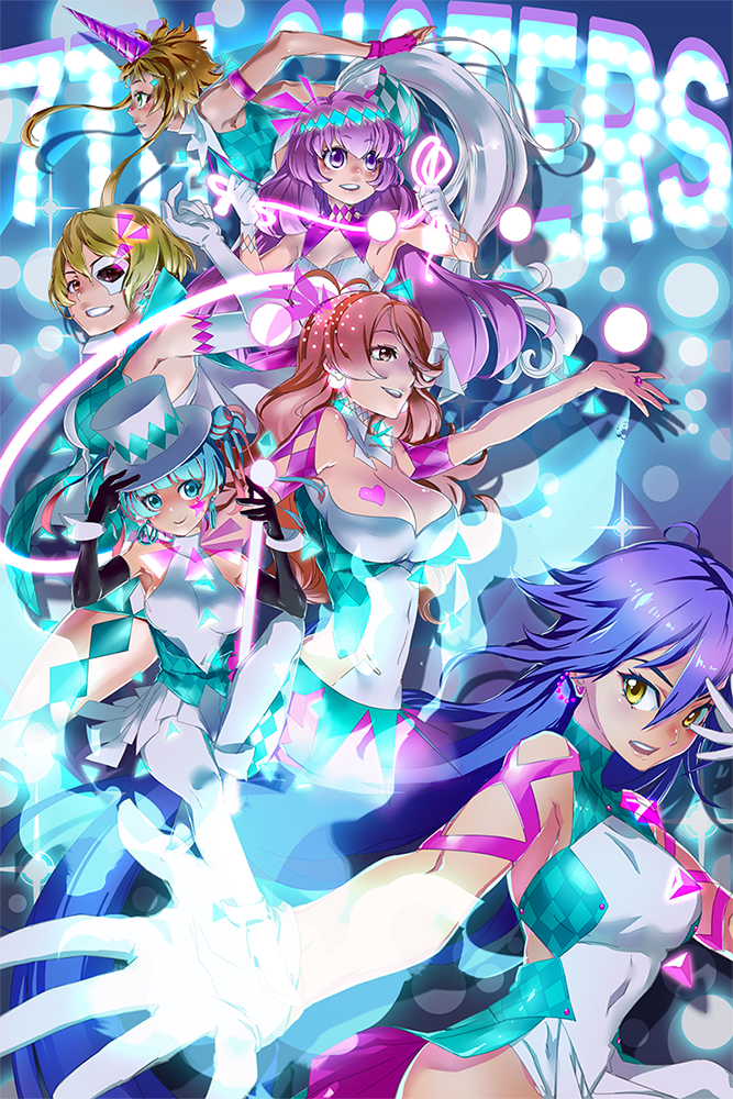 6+girls, aqua_eyes, blonde_hair, blue_hair, blush, brown_eyes, brown_hair, cane