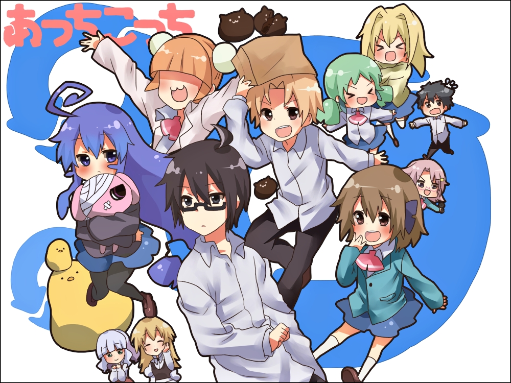 3boys, 6+girls, :3, acchi_kocchi, ahoge, blue_eyes, blue_hair, brown_hair