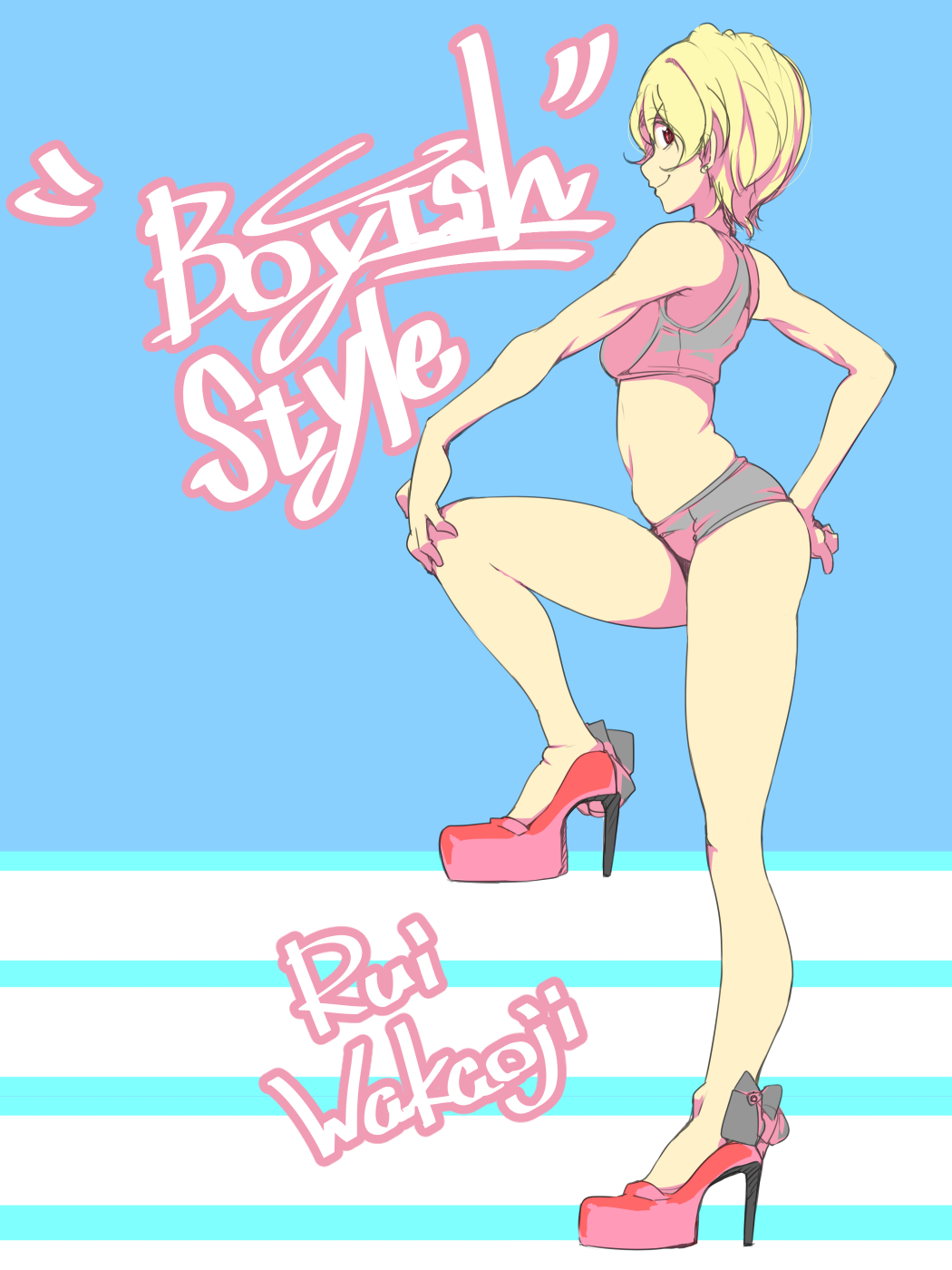 1girl, ass, blonde_hair, brown_eyes, from_side, hand_on_own_knee, highres, leg_up
