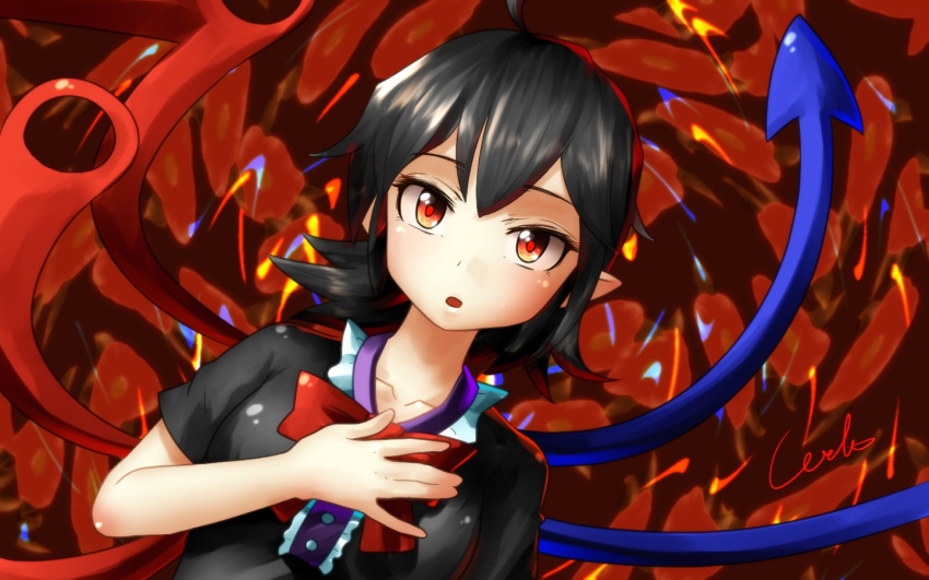 1girl, :o, asymmetrical_wings, black_hair, bowtie, dress, hand_on_own_chest, houjuu_nue