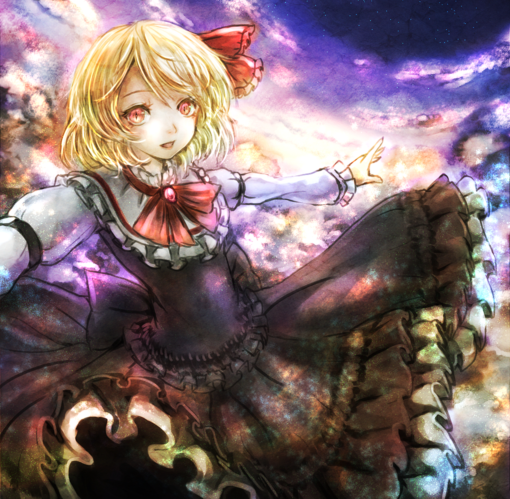 1girl, :d, blonde_hair, dress, frilled_dress, frills, haiki_(hakkyoii06), hair_ribbon