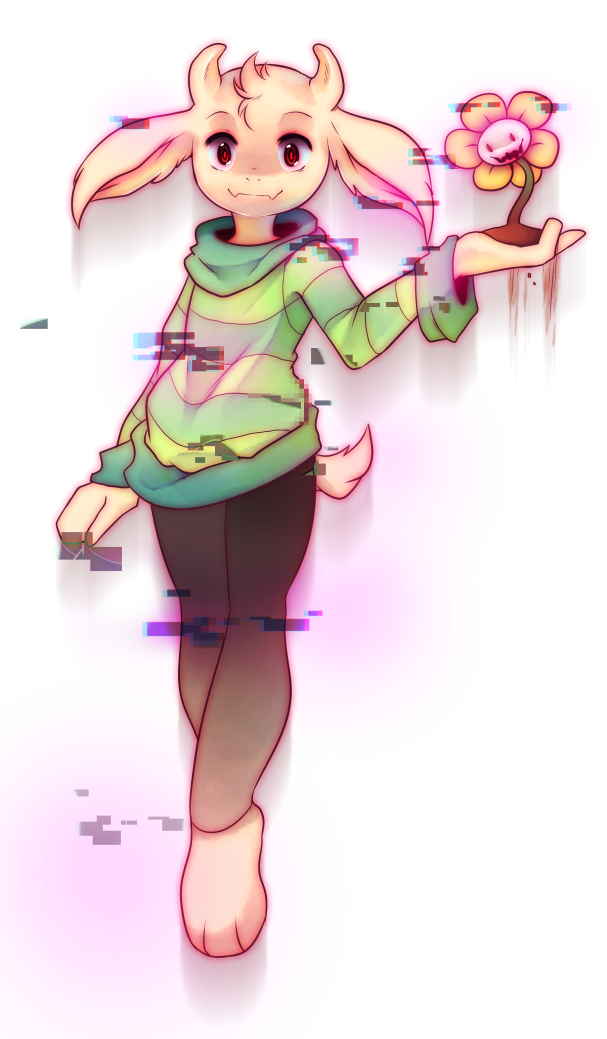 1boy, asriel_dreemurr, dual_persona, empty_eyes, fangs, flower, flowey_(undertale), glitch, horns, leggings, monster_boy, raikissu, red_eyes, spoilers, striped, striped_sweater, sweater, tagme, undertale, white_background