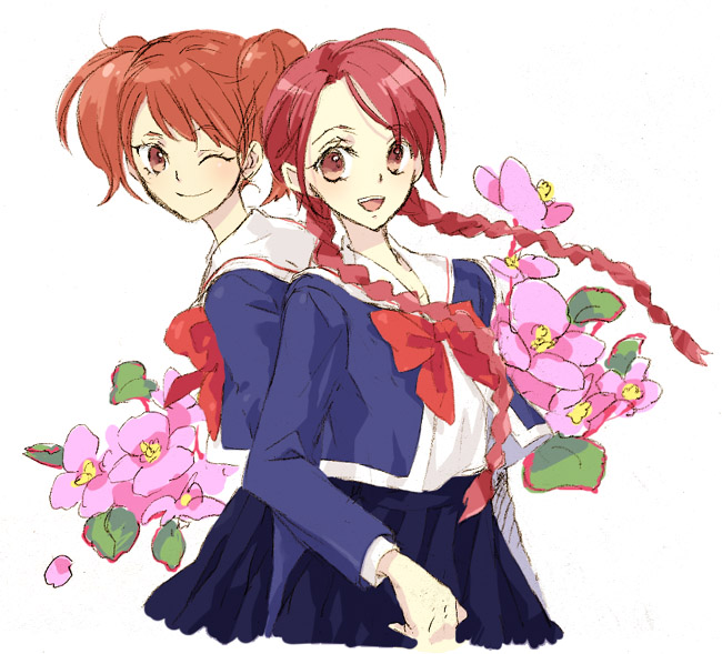 braid, flower, osakada_tomoka, prince_of_tennis, red_hair, redhead, ribbon, ryuzaki_sakuno, short_twintails, smile, tennis_no_ouji-sama, twin_braids, twintails, wink