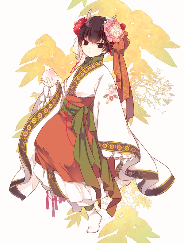 1girl, black_eyes, brown_hair, hoozuki_no_reitetsu, horns, japanese_clothes, jonejung, peach_maki