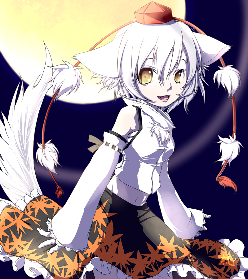 animal_ears, bare_shoulders, detached_sleeves, hat, inubashiri_momiji, leaf, leaves, midriff