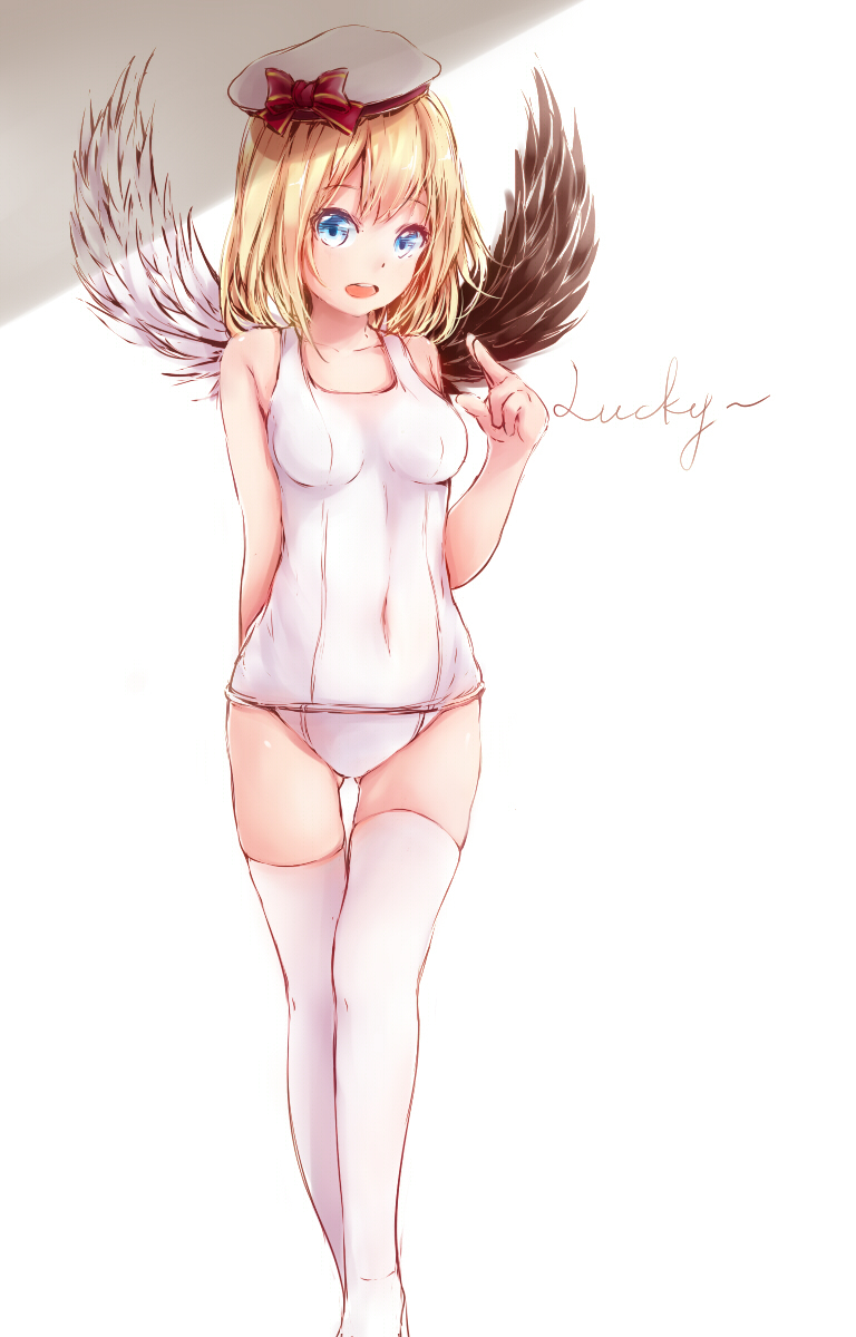 1girl, angel, angel_wings, blonde_hair, blue_eyes, breasts, covered_navel, hat